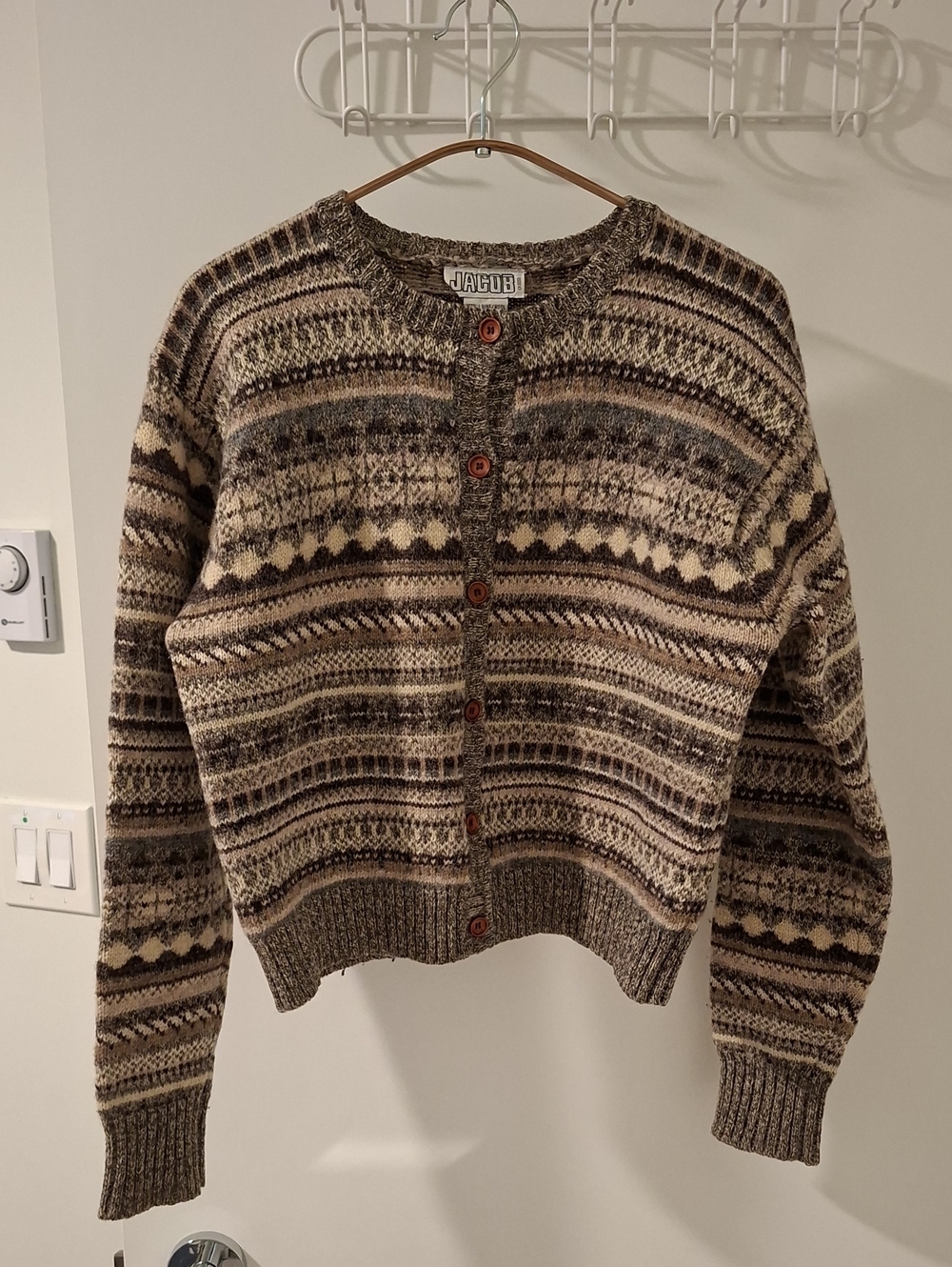 Vintage/90's Jacob Cozy 100% Virgin Wool Grey & Tan Fair Isle Cardigan (Size M)